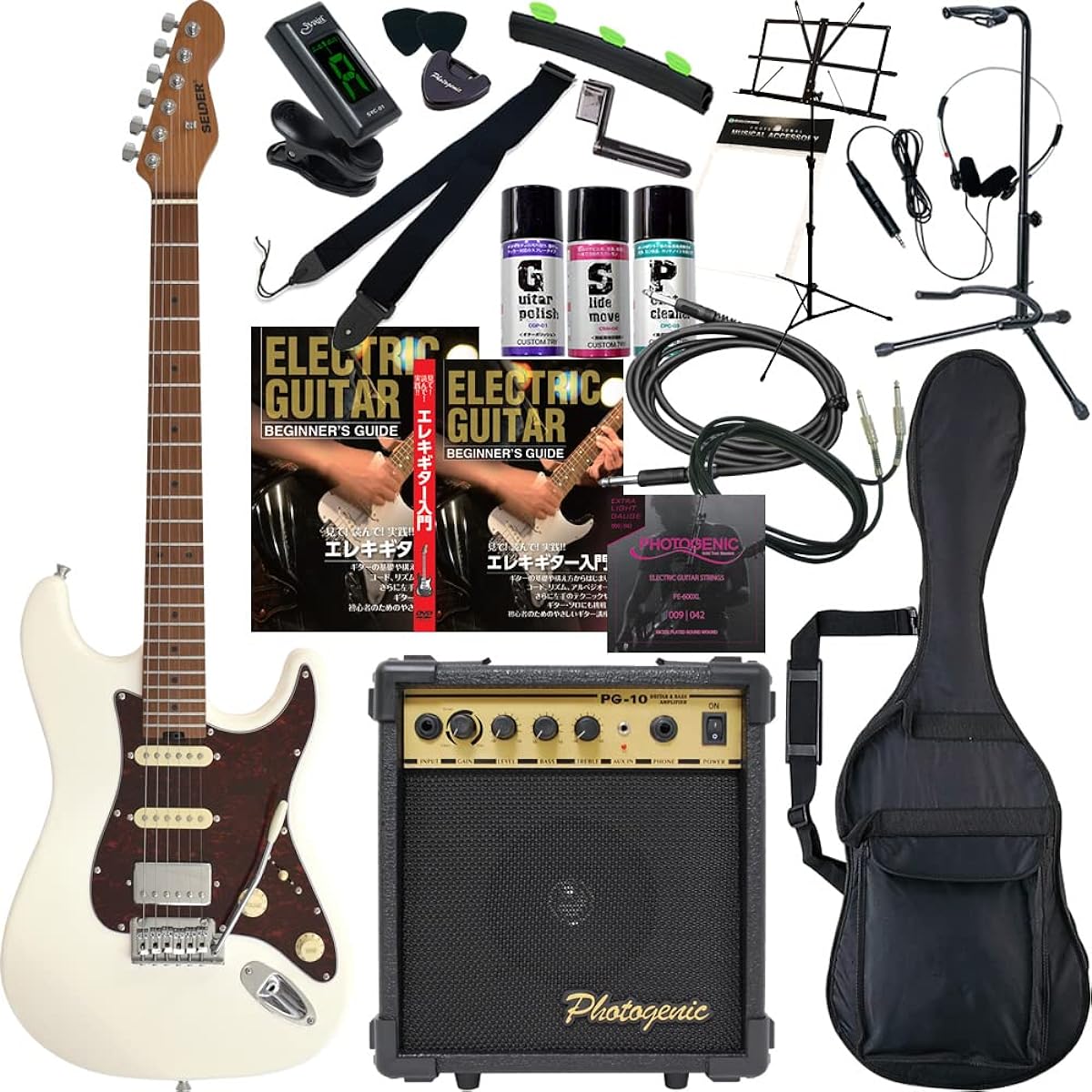 SELDER Electric Guitar Stratocaster Type ST-33RM/OW Owl White Beginner's 20-piece Set