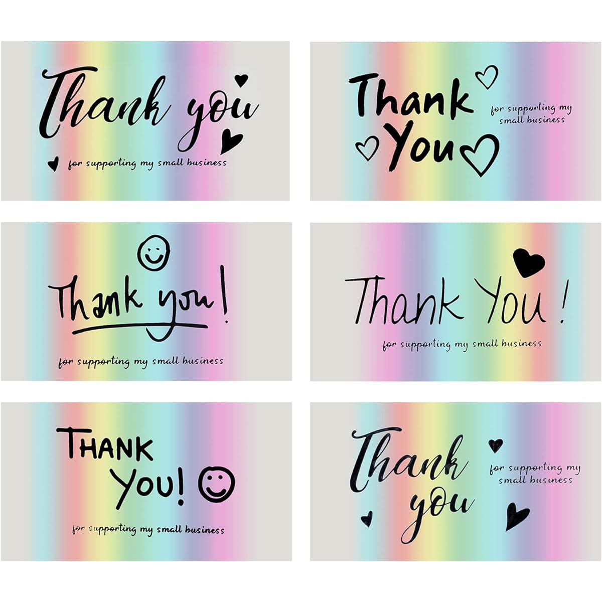 cobee Thank You Card Set 120pcs Thank You for Support My Small Business Card Notes Holographic Rainbow Thank You Cards Customer Appreciation Package Inserts 6 Styles(3.5x1.9inch)