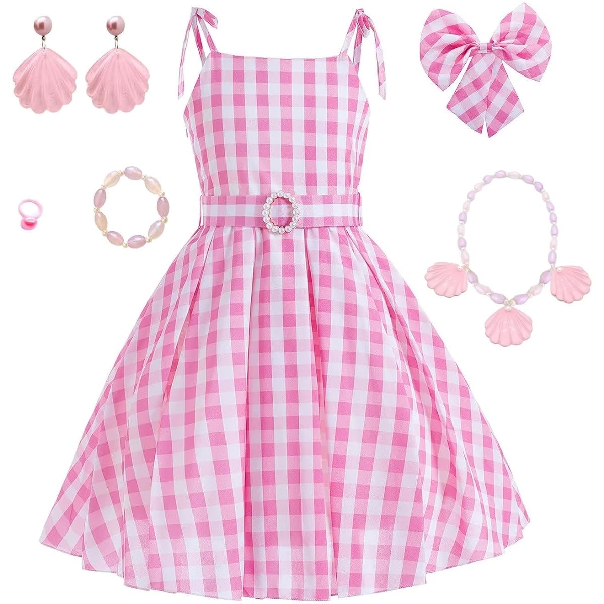 Mcgeeney Pink Costume for Girls - Pink Dress with Hair Clip, Belt, Necklace, Earrings, Bracelets and Rings - Halloween Costume