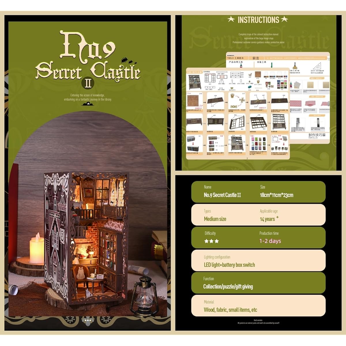 Kisoy DIY Book Nook Miniature Kit with 3D Wooden Puzzle DIY Manual Book Stand Bookshelf Insert Decoration Creative Assembled Bookends (No.9 Secret Castle II)