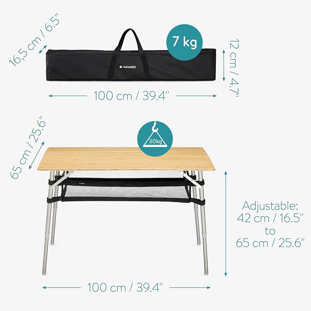 Navaris Camping Table Folding Table Folding Table Outdoor Table - Camping Outdoor Load Capacity 50kg Height Adjustment Folding - Made of Bamboo