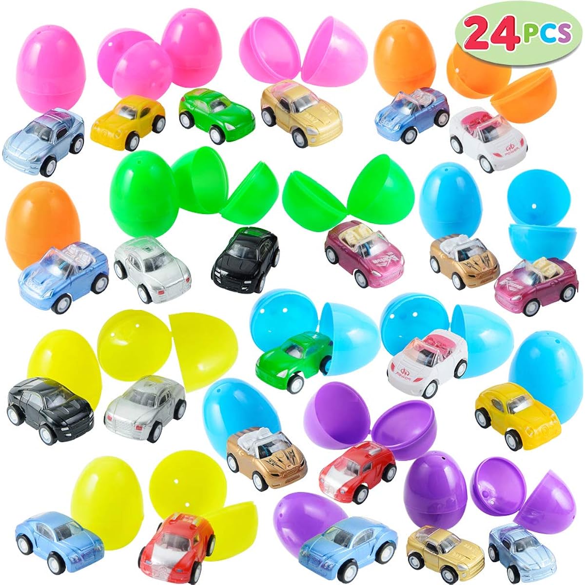 JOYIN Premium 24 Easter Eggs with Toy Cars, 2.25" Bright and Colorful Eggs with Pull Back Vehicles for Boys Kids, Easter Egg Hunt, Easter Basket Stuffers, Party Favors, Classroom Giveaways