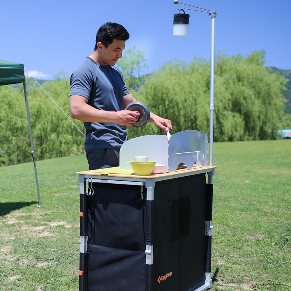 KingCamp Outdoor Table, Camping Kitchen Table, Bamboo Top, Foldable Cooking Table, Cooking Table, Windshield Included, Work Table, Storage Bag Included, Easy Assembly, Storage Bag Included (100 x 49 x 82 cm)