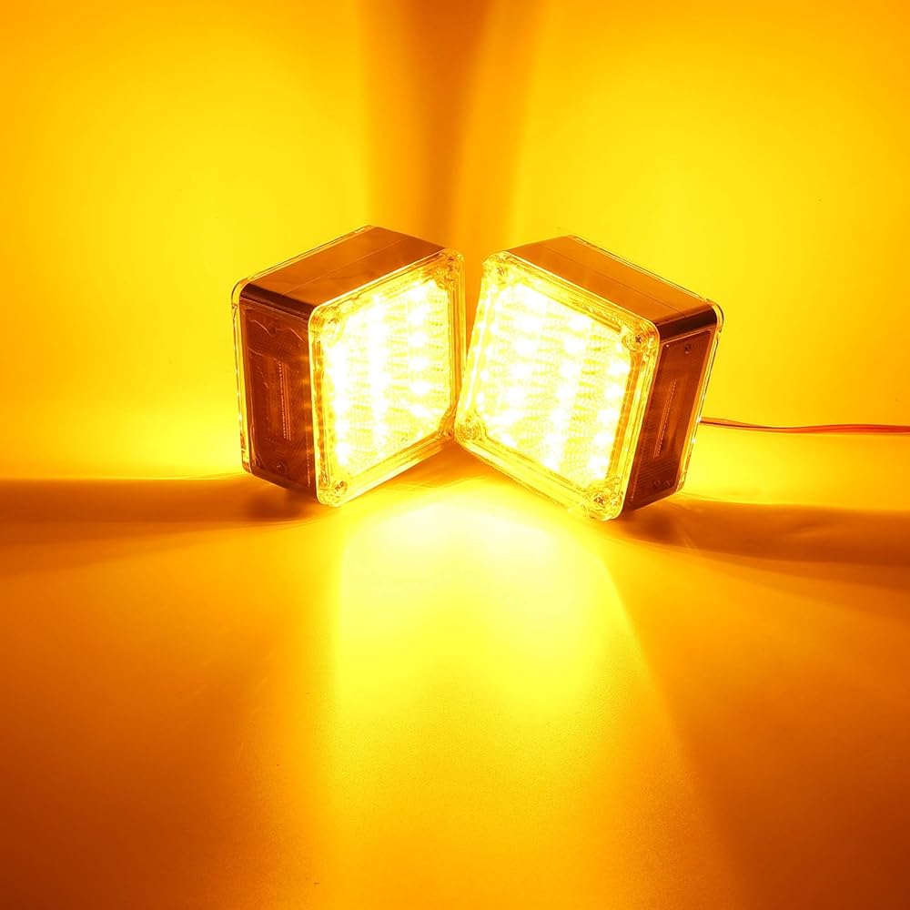 Partsam 2pcs Square Double Face LED Turn Signal Light Parking Light Clear Lens - Amber/Amber 39 Square LED Pedestal Fender Stud Mount Dual Face LED Light for Truck Trailer