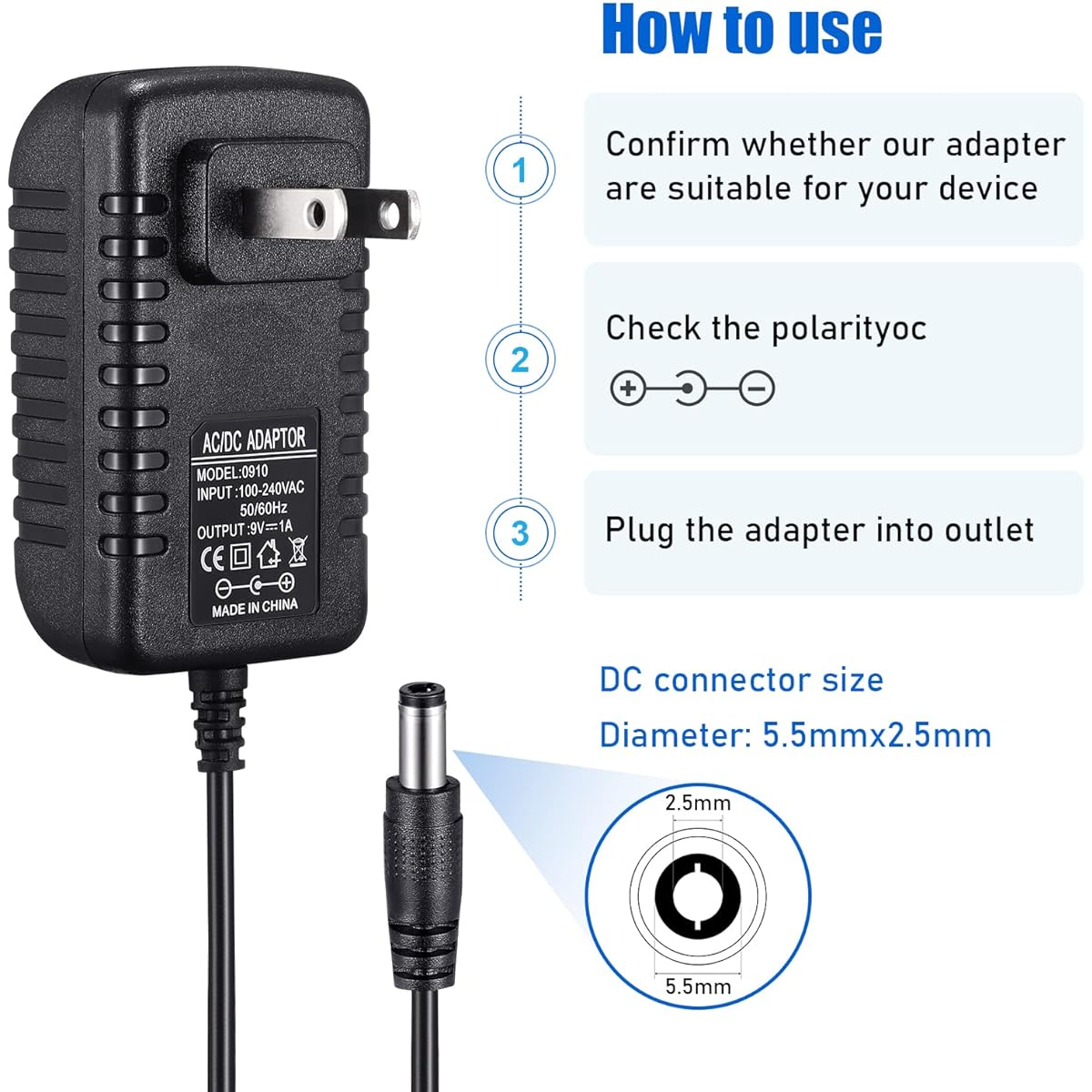 TOBWOLF 2pcs 9V 1A Power Adapter 9W AC 100V-240V to DC 9V 1A Universal Switching Transformer 9V 1A Switching Adapter AC to DC Converter for MP3 MP4 Router 5.5mm x 2.5mm Plug