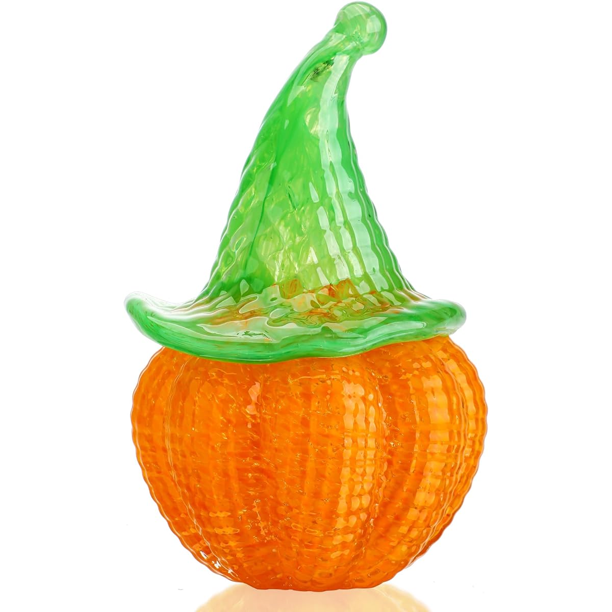 QFkris Blown Glass Orange Halloween Pumpkin Figurine with Witch Hat Collectibles 7" Art Glass Pumpkin Paperweight Collection for Indoor Outdoor Halloween Decorations GIF
