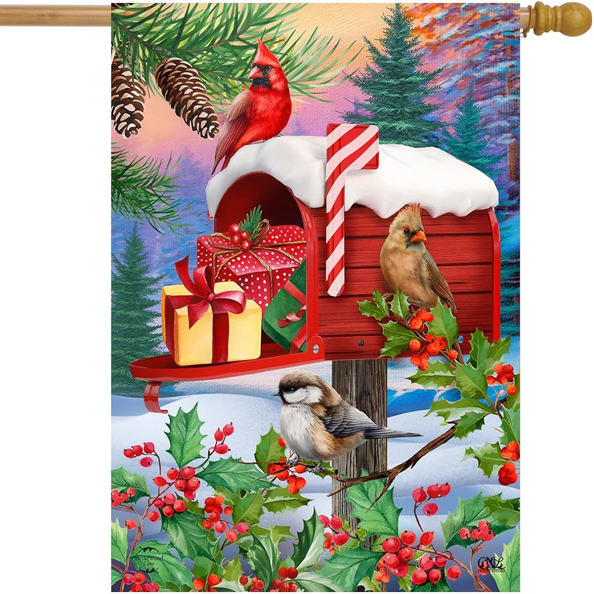 Briarwood Lane Winter Mailbox Christmas House Flag Cardinals Present 28" x 40"