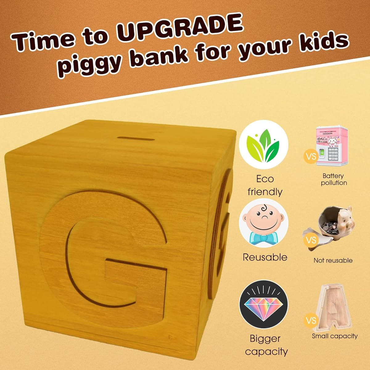 Large Wooden Piggy Bank for Adults/Kids Boys Girls Letter Money Bank for Birthday, Christmas, New Year, Children's Day [Upgraded]