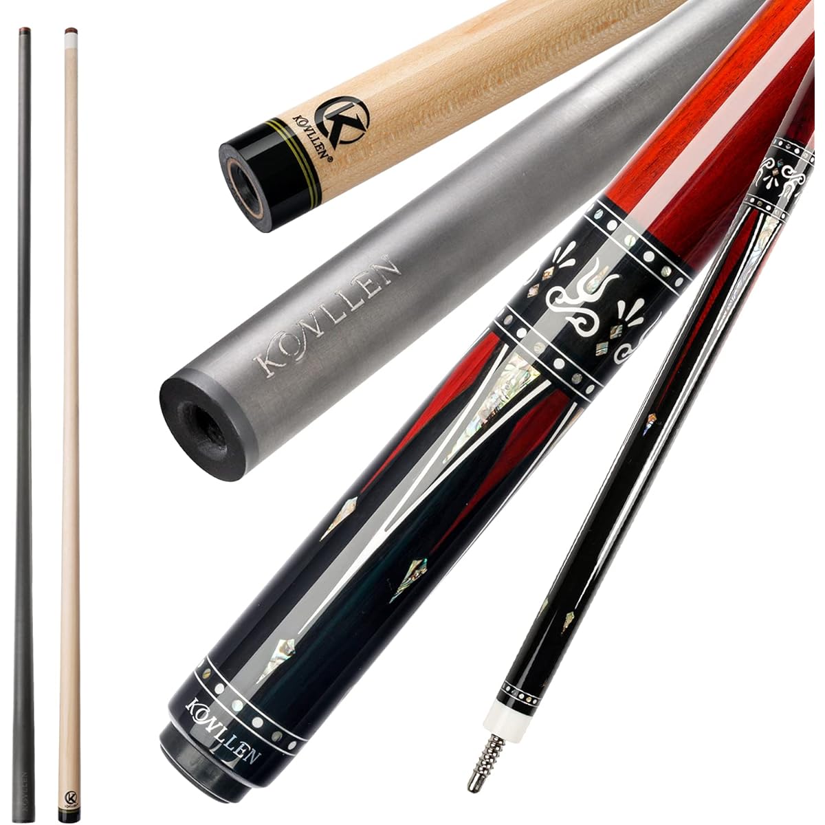 KONLLEN KL-01F Real Wood Inlay Pool Cue Stick with 2 Low Deflection Shafts (1 Carbon Fiber Shaft, 1 Carbon Tube Inside the Wooden Shaft, 4 Carbon Tubes Inside the Butt, Extension)