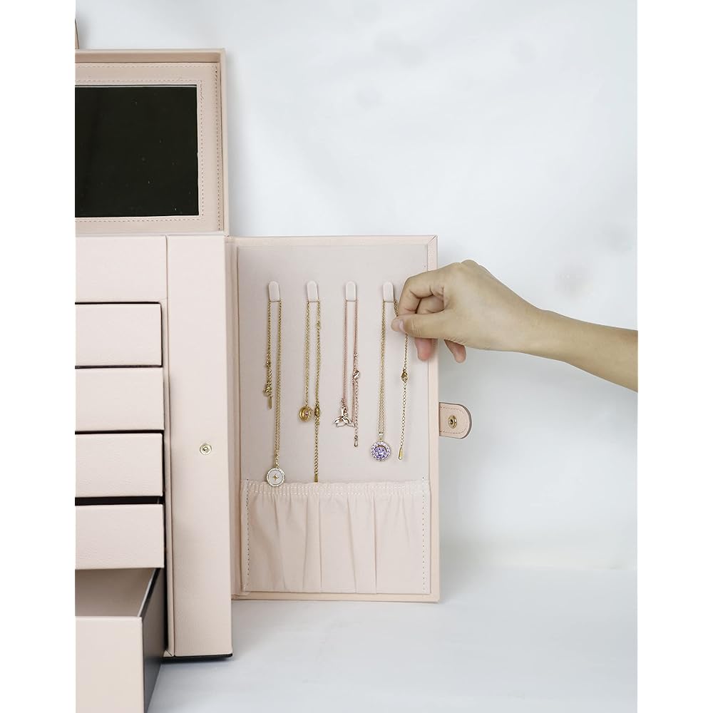 SANSREPONSE Jewelry Accessories Storage Box, Jewelry Box, Drawer, Large Capacity, 6 Tiers, Stainless Steel Tray Gift, Includes Mirror, Earrings, Necklace, Ring Holder, All 3 Colors (Light Pink)