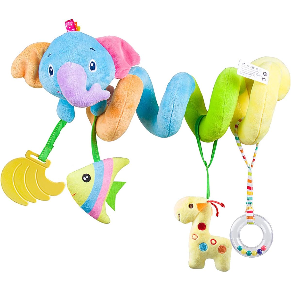 Caterbee Baby Car Seat Toy Activity Spiral Plush Stroller Bar Toy Hanging Crib Toy with Rattle Boy or Girl (Elephant)