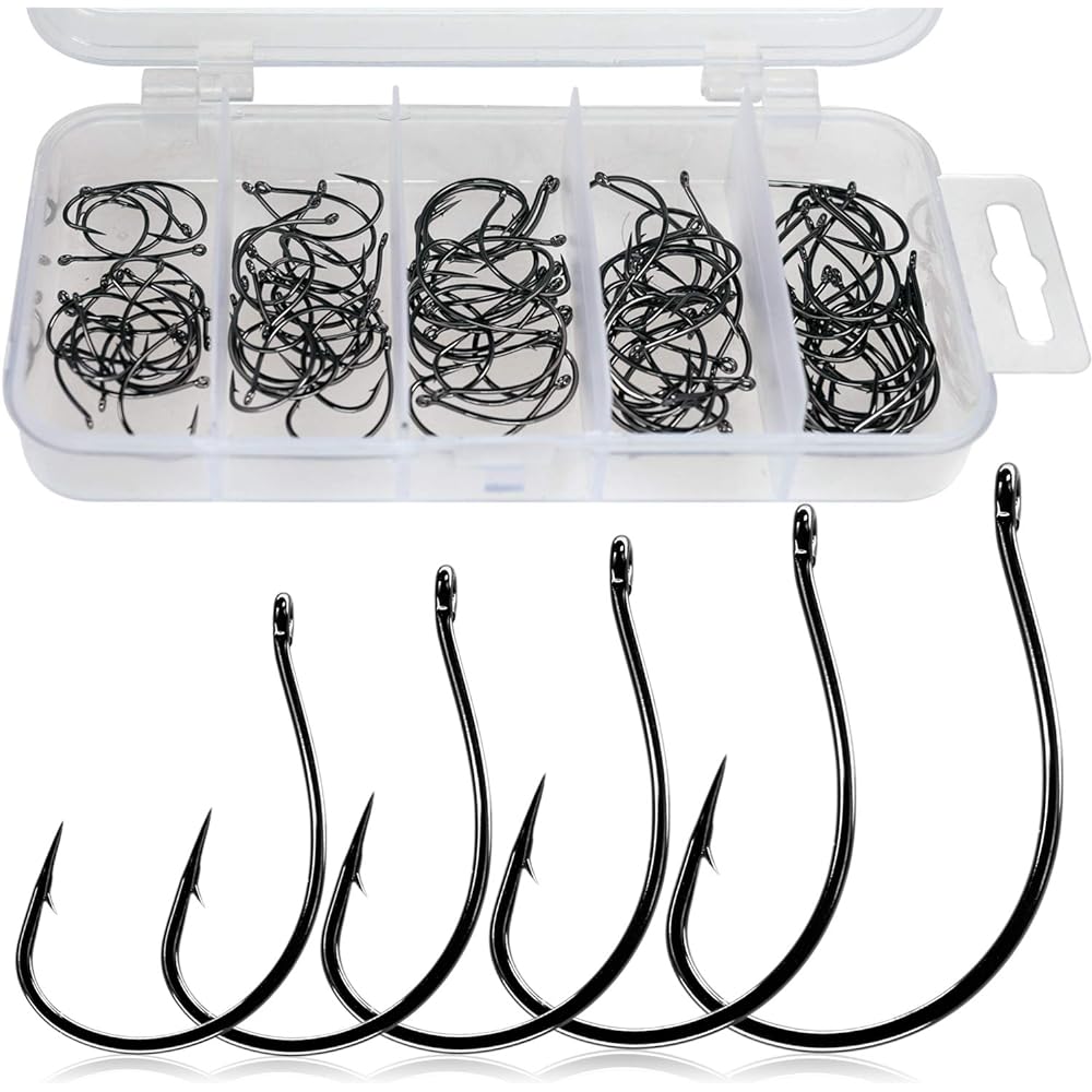 THKFISH 50pcs/100pcs Fishing Hooks Swordfish Salmon Red Snapper Fishing Hook DropShot Hook Offset Circle Hook for Fishing #3#2#1 1/0 2/0