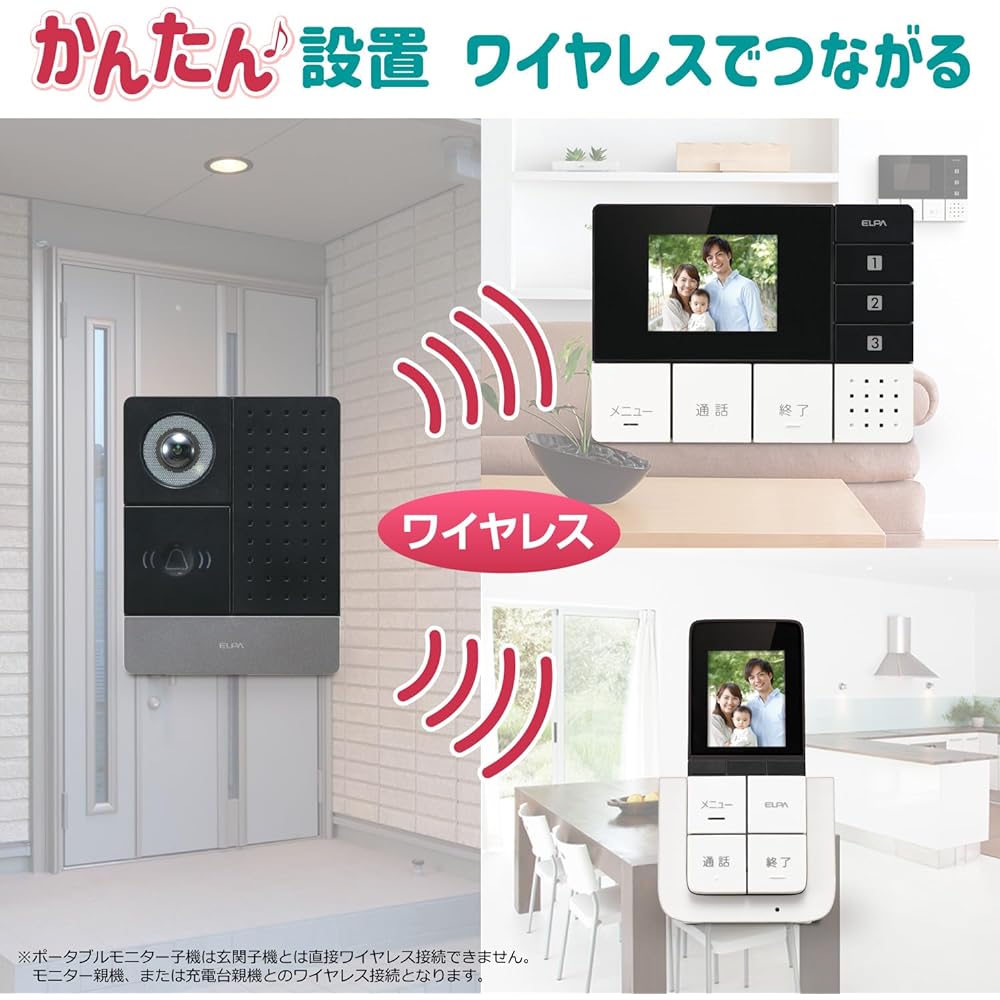 ELPA TV Door Phone Wireless Intercom No Wiring Required Automatic Recording Wide Angle Camera with LED Light Battery Operated DHS-TMP2320