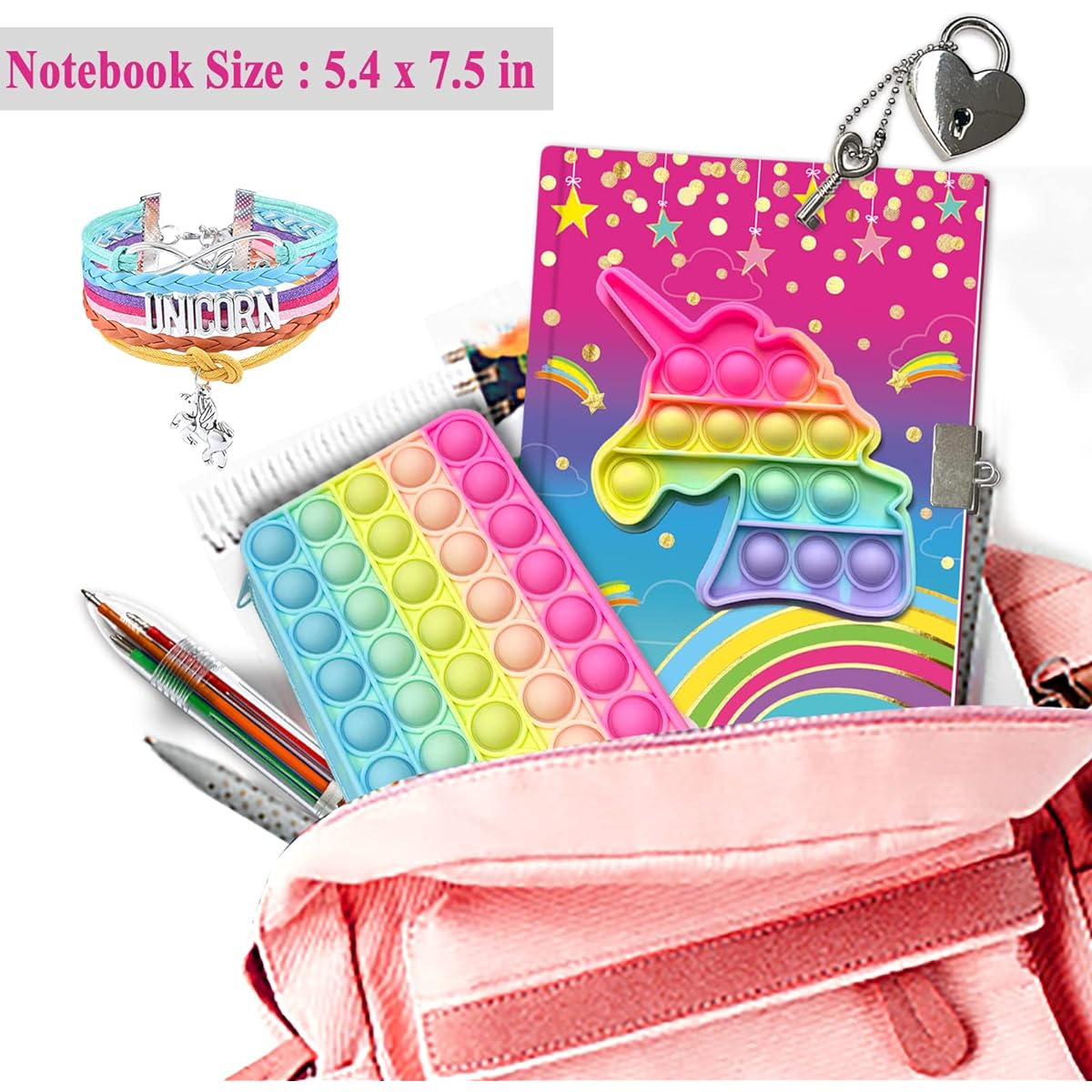 JOEKIKIMD Pop Note Kids Fidget Journal Set Unicorn Diary with Lock Pink Fashion Bracelet 6 Multicolor Ballpoint Pens & Pop Pencil Case Gift Stuff Diary Age 8-12