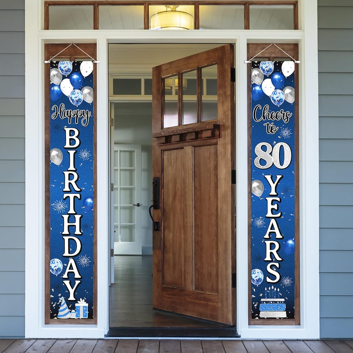 Nelbiirth Happy 80th Birthday Decorations, 80 Years Old Blue & Silver Balloons Birthday Theme Door Hanging Banner Sign 80th Birthday Party Supplies