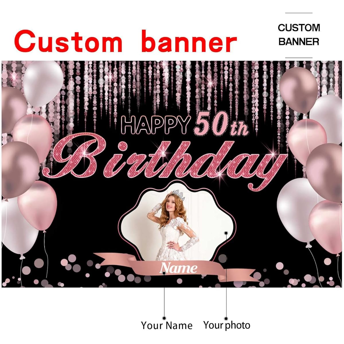 Custom Rose Gold Happy 50th Birthday Decorative Banner - Large Size - Customizable with Name and Photo
