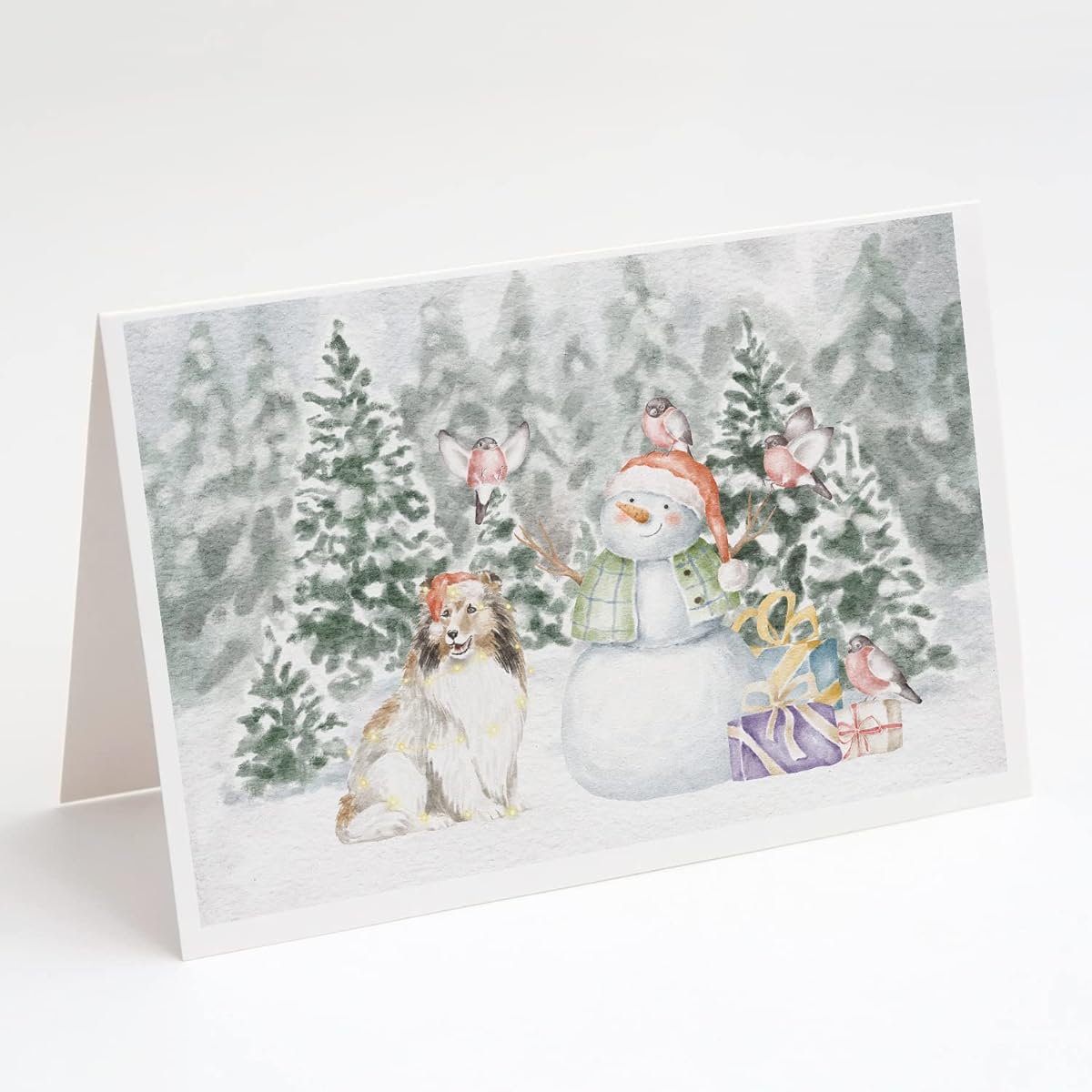 Caroline's Treasures CK8091GCA7P Sheltie/Shetland Sheepdog Sable Snowman Christmas Present Greeting Card and Envelope Pack of 8 Blank Cards with Envelopes Whimsical A7 Blank Greeting Cards