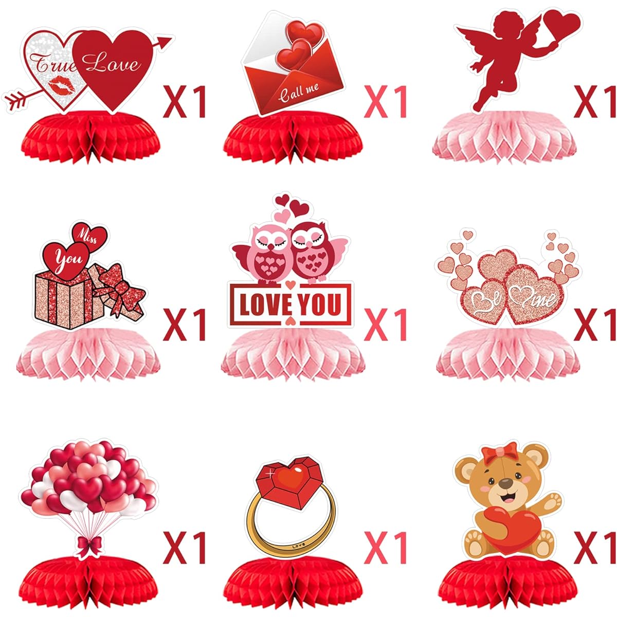 Valentine's Day Party Decorations Set, 9 Pieces Valentine Honeycomb Centerpieces Cupid Shape Pink Red Table Decor, 16 Pieces Plastic Heart Cake Toppers, Valentine/Wedding Party Supplies