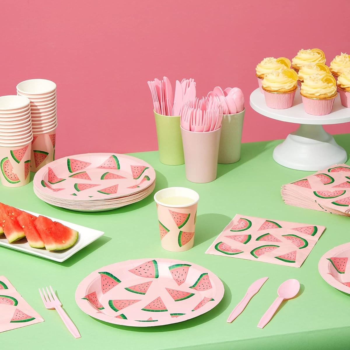 Juvale Watermelon Party Supplies Summer BBQ Birthday Plates, Knives, Spoons, Forks, Napkins, Cups, Pink/Green, Serves 24