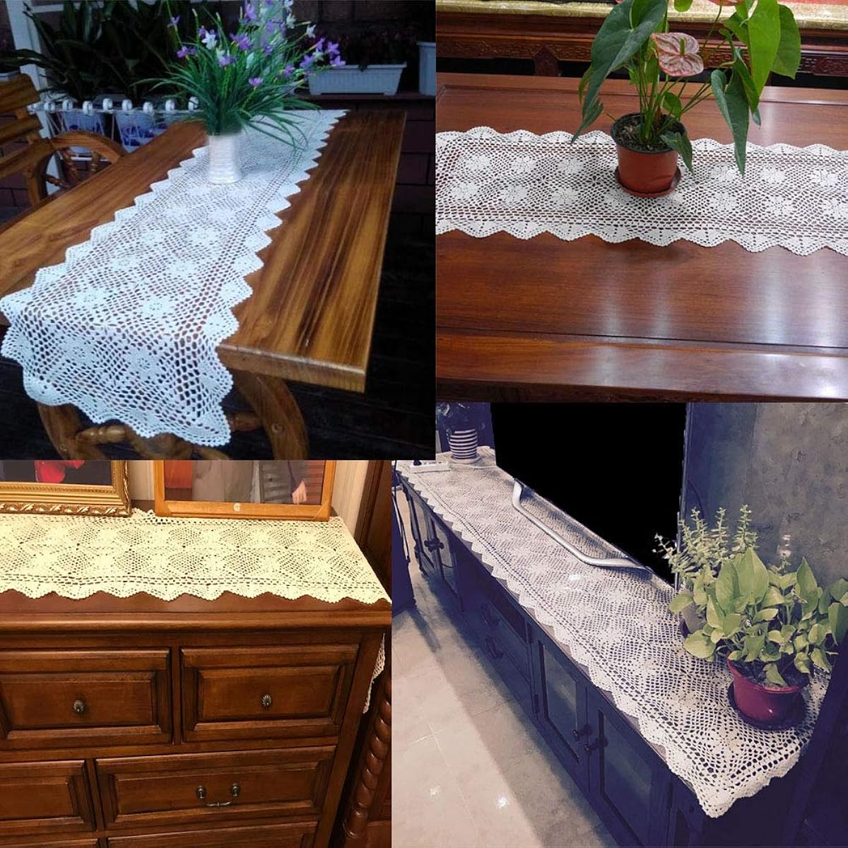 KEPSWET 14x48 Inch Beige Cotton Crochet Lace Rectangle Table Runner Handmade Table Decor