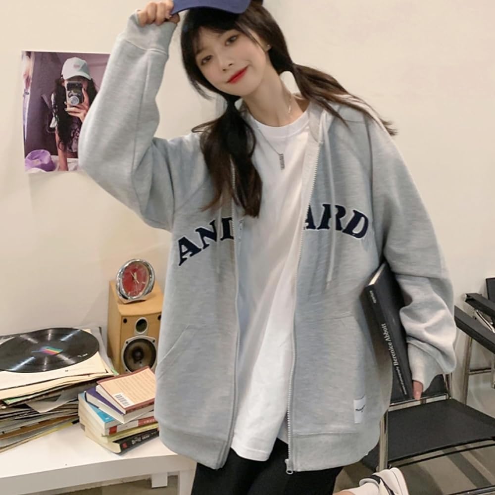 [bluefeel] Zip-up hoodie for women, street style, with pockets, hooded sweatshirt, stylish, big silhouette, drop shoulder, body cover, stylish top, loose, large size, plain, printed