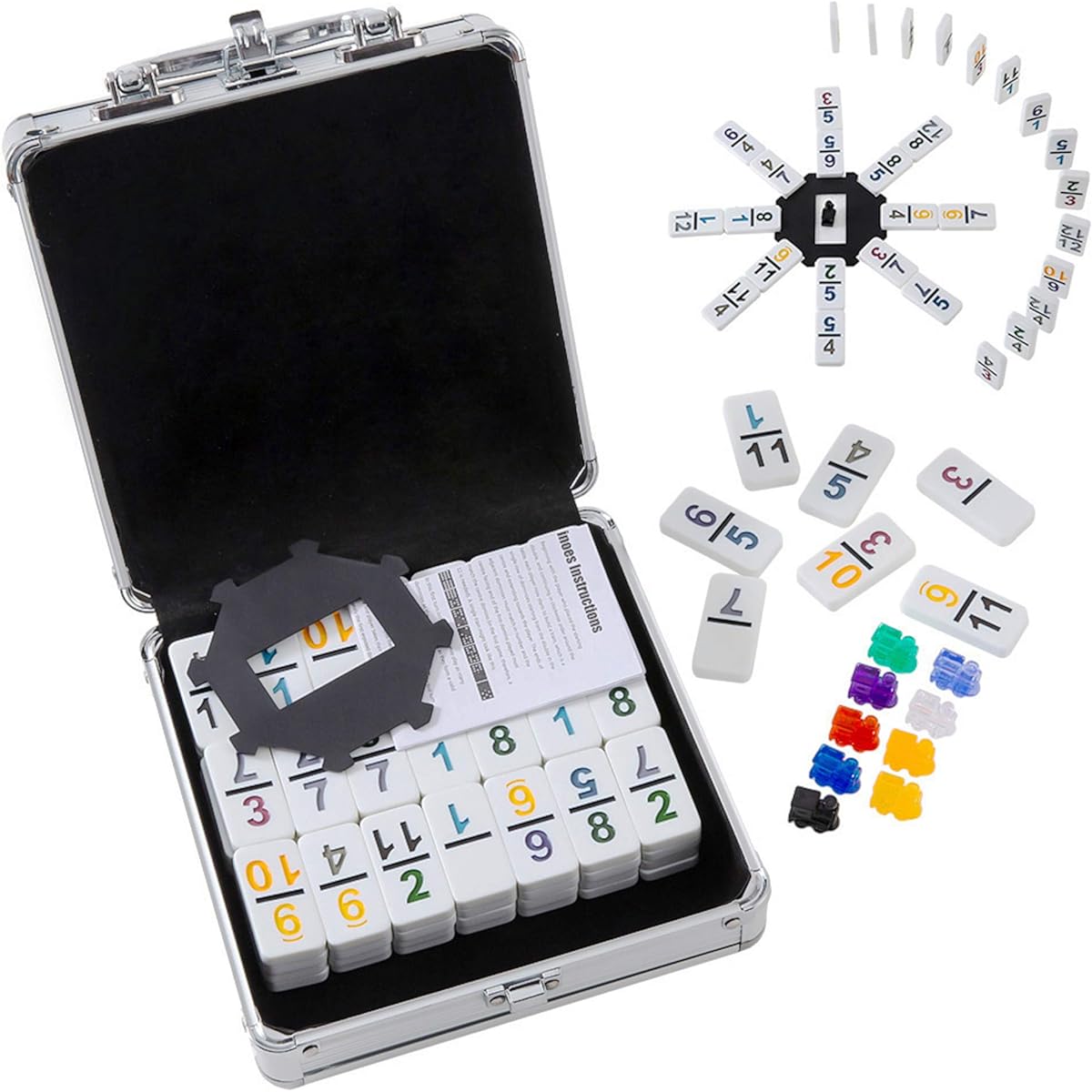 Homwom Set of 12 Double Dominoes Mexican Train Dominoes with Numbers 91 Tiles Chicken Foot Domino Game Set with Aluminum Case