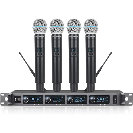 XTUGA A140 Wireless Microphone System, 4 Channel UHF Metal Build, Long Range 300ft Handheld Microphone Karaoke Machine for Church/Karaoke/Wedding/Event