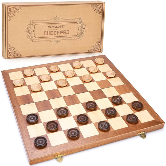 VAMSLOVE 14" Checkers Foldable Wooden Game Set 8x8 Classic Checkerboard International Checkers Drafts Board 64 Squares with Storage Slots (Instructions Included)