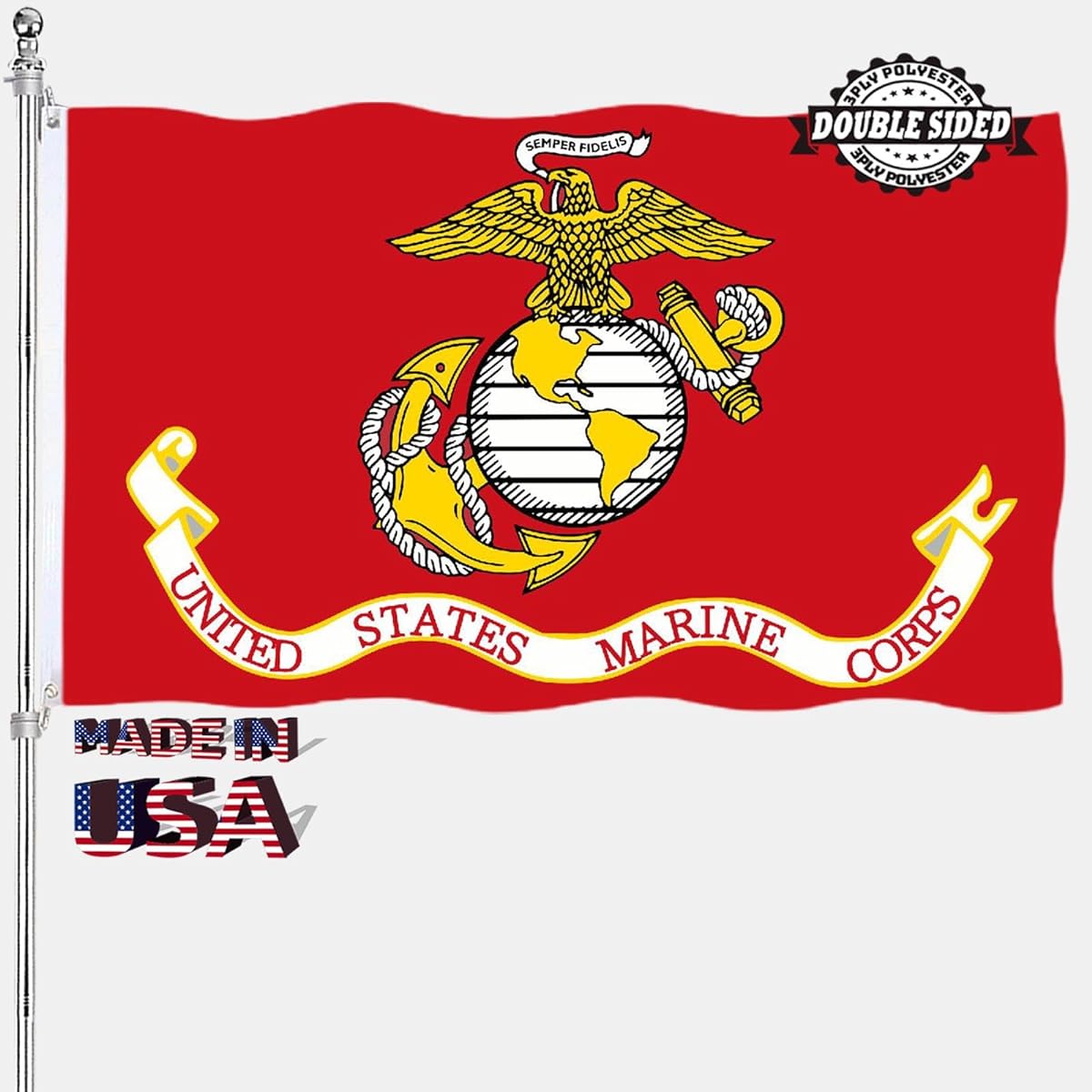 Marine Corps USMC Flag 3x5 Outdoor Double Sided USMC Banner Heavy Duty Polyester with Brass Grommets