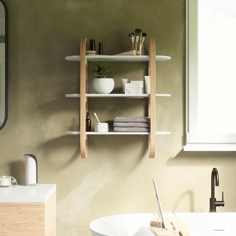 umbra Wall Mounted Shelf 3 Tier Rack Wooden Shelf White/Natural W65 x D24 x H75cm BELLWOOD 21016859668