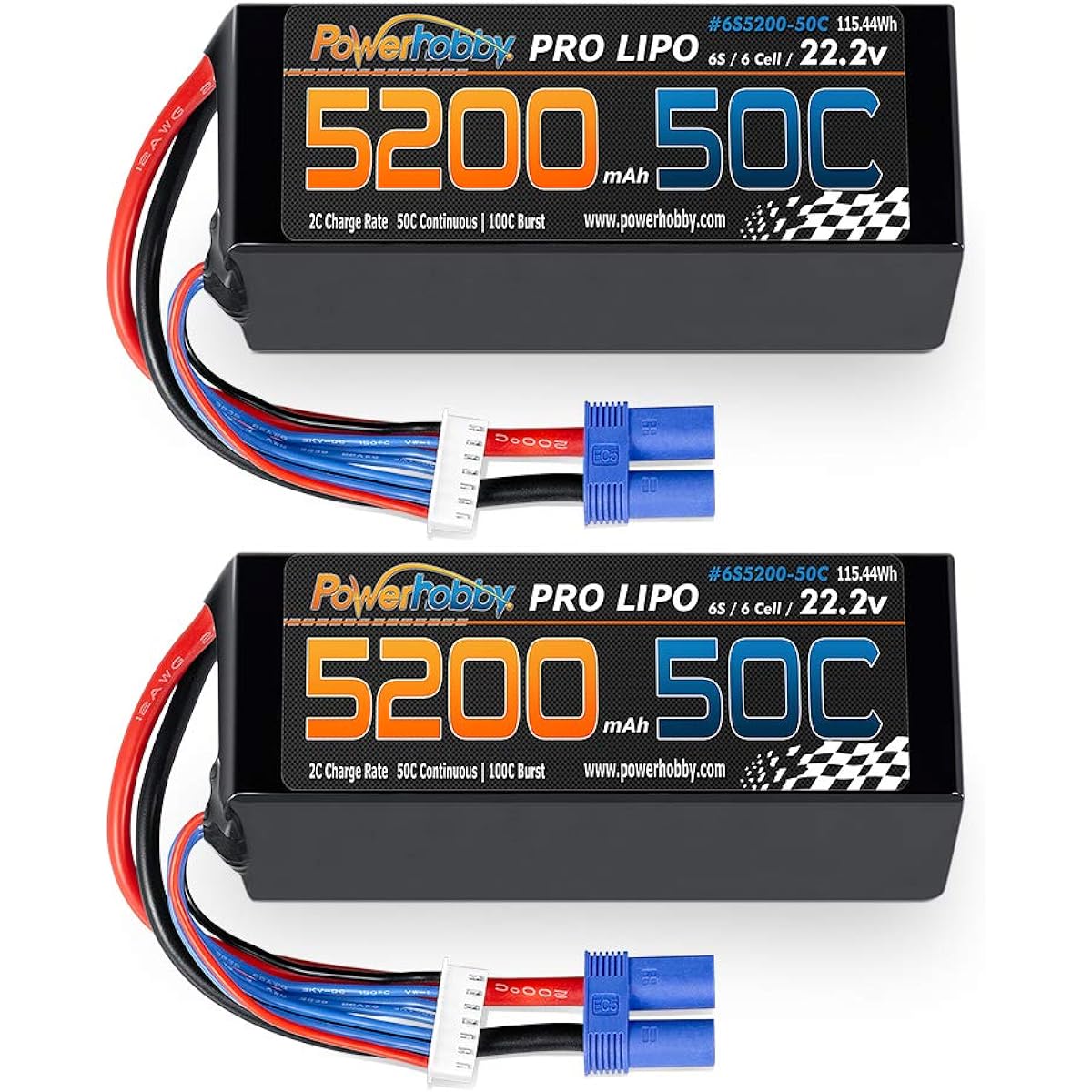 PowerHobby 6S 22.2V 5200mAh 50C Lipo Battery W EC5 Plug 6 Cells (2 Pack) Fits: Helicopter Heli Airplane Car