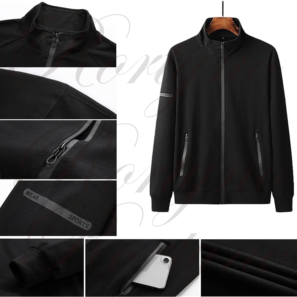 [Rortyno] Men's Jersey Top and Bottom Set Sweatshirt Zip Cotton Golf Wear Setup Warm Up Top and Bottom Sportswear Hoodie No Hood Pants Plain Street Tracksuit
