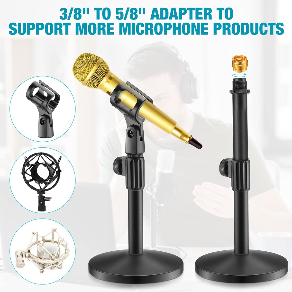 Hoteam 4 Pieces Desktop Microphone Stand Adjustable Table Microphone Stand Mic Clip Mic Stand Desk with 5/8" Male to 3/8" Female Thread Metal Round Base for Table Desk Interview Black