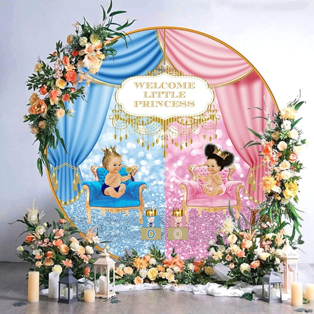 DORCEV Welcome Little Princess Round Backdrop Cover 7x7ft Polyester Blue Pink Baby Gender Reveal Party Background for Photography Curtain Pattern for Girls 1st Birthday Party Baby Shower Decoration Props