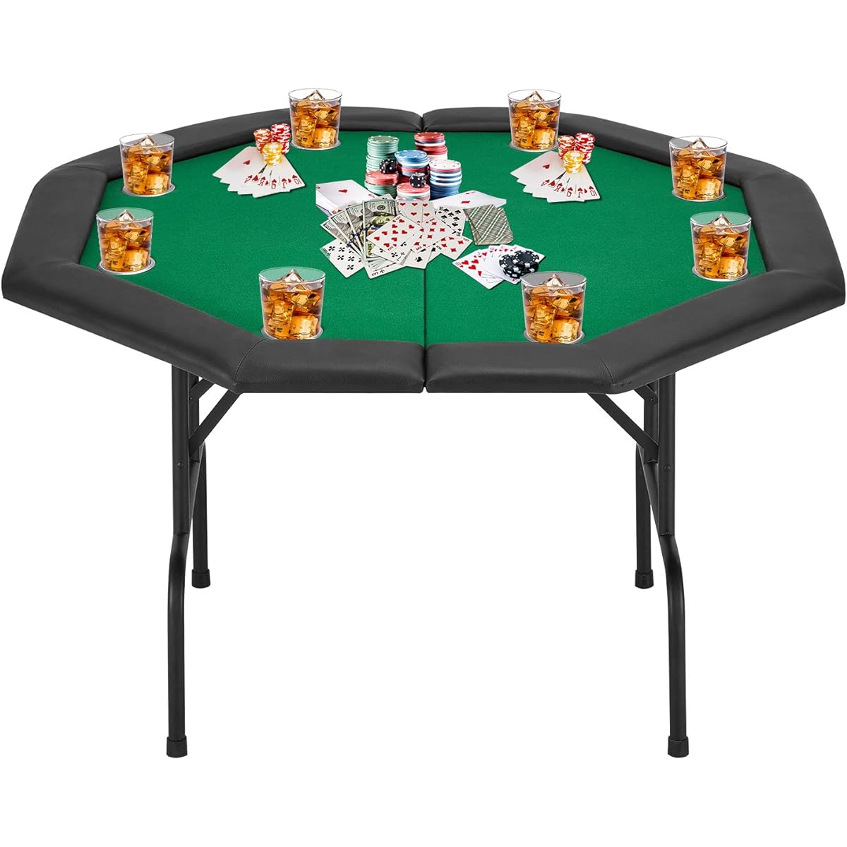 ECOTOUGE Poker Game Table with Stainless Steel Cup Holder Legs for 8 Players Octagonal Casino Leisure Table Top Texas Hold'em Poker Table Green Felt