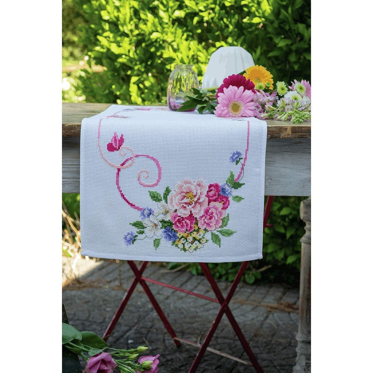 Vervaco Counted Cross Stitch Table Runner Kit 12.8"x33.6" Classic Flower Bouquet (11 Pieces) -V0154338