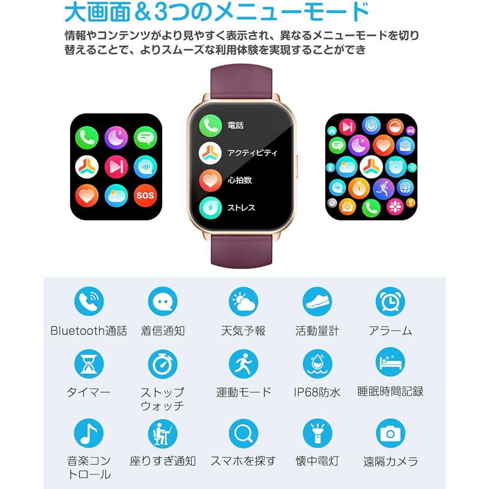 Smart Watch Compatible with iPhone/Android, Bluetooth Call Function, 1.85 inch Large Screen, Wristwatch, Pedometer, Smart Watch, Incoming Call Notification, IP68 Waterproof, Alarm, Timer, Stopwatch, Weather Forecast, 100+ Exercise Modes, Technical Compli