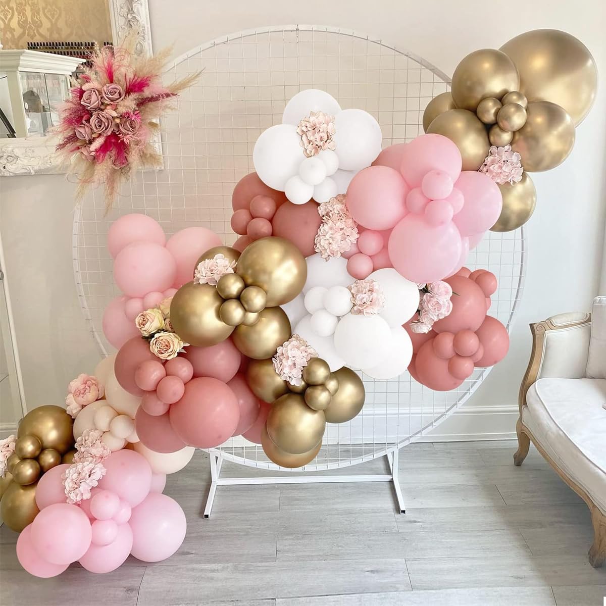 LyzzGlobo Dusty Pink Balloon Garland Kit Pearl White Chrome Gold Light Pink Dusty Rose Balloon Arch Kit for Wedding Bridal Baby Shower Birthday Decorations