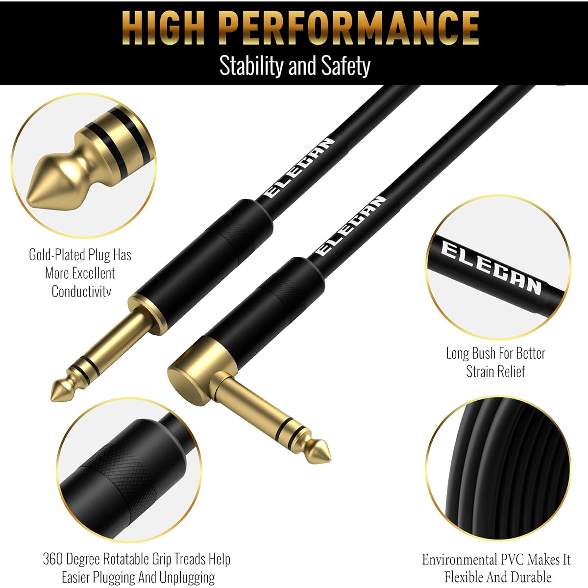 Elecan 1/4" TRS Instrument Cable 50ft Right Angle to Straight 6.35mm Male Jack Stereo Audio Interconnect Cord Gold Plated 90 Degree 6.35mm Balanced Line for Electric Guitar Bass with 5 Ties
