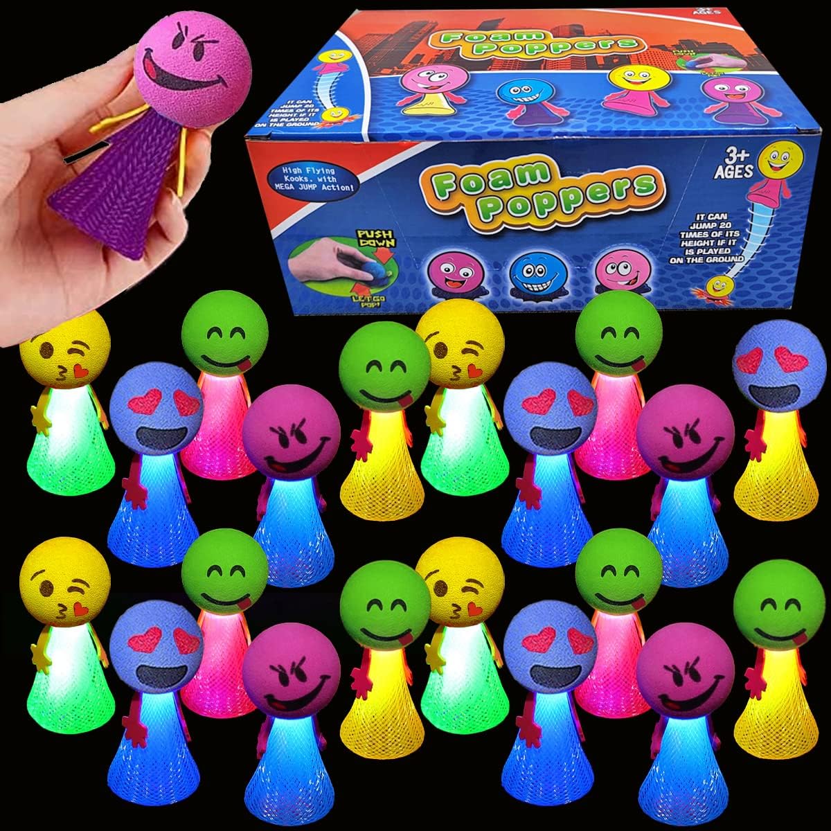 Liberty Imports 24 Count Jumping Emoji Poppers Spring Launchers Toys Bouncy Party Supplies Goodie Bag Fillers for Kids Toddlers (Light Up)
