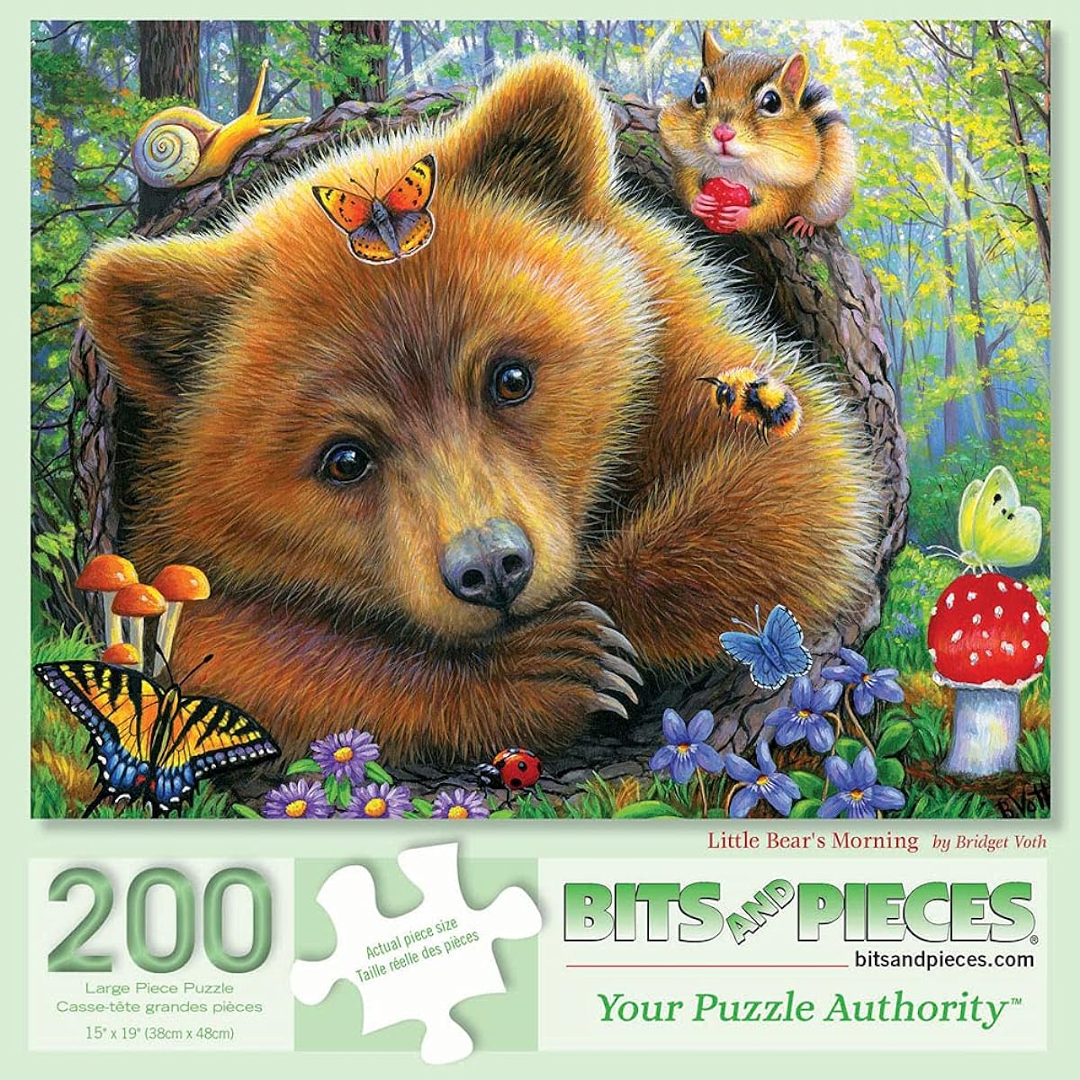 Bits and Pieces - 200 Piece Large Piece Family Jigsaw Puzzle for Adults & Children - 15" x 19" - Little Bear's Morning - 200 Piece Grizzly Forest Beetle Nature Flower Cute Jigsaw Puzzle Carla Daly