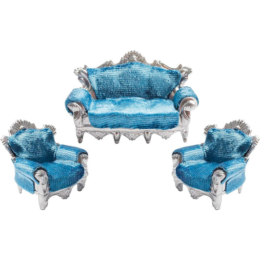 3 Pieces Miniature Sofa 1/25 Scale Blue Sofa Armchair Mini Furniture Couch Vintage Sofa Chair for Miniature Architecture Living Room Decoration