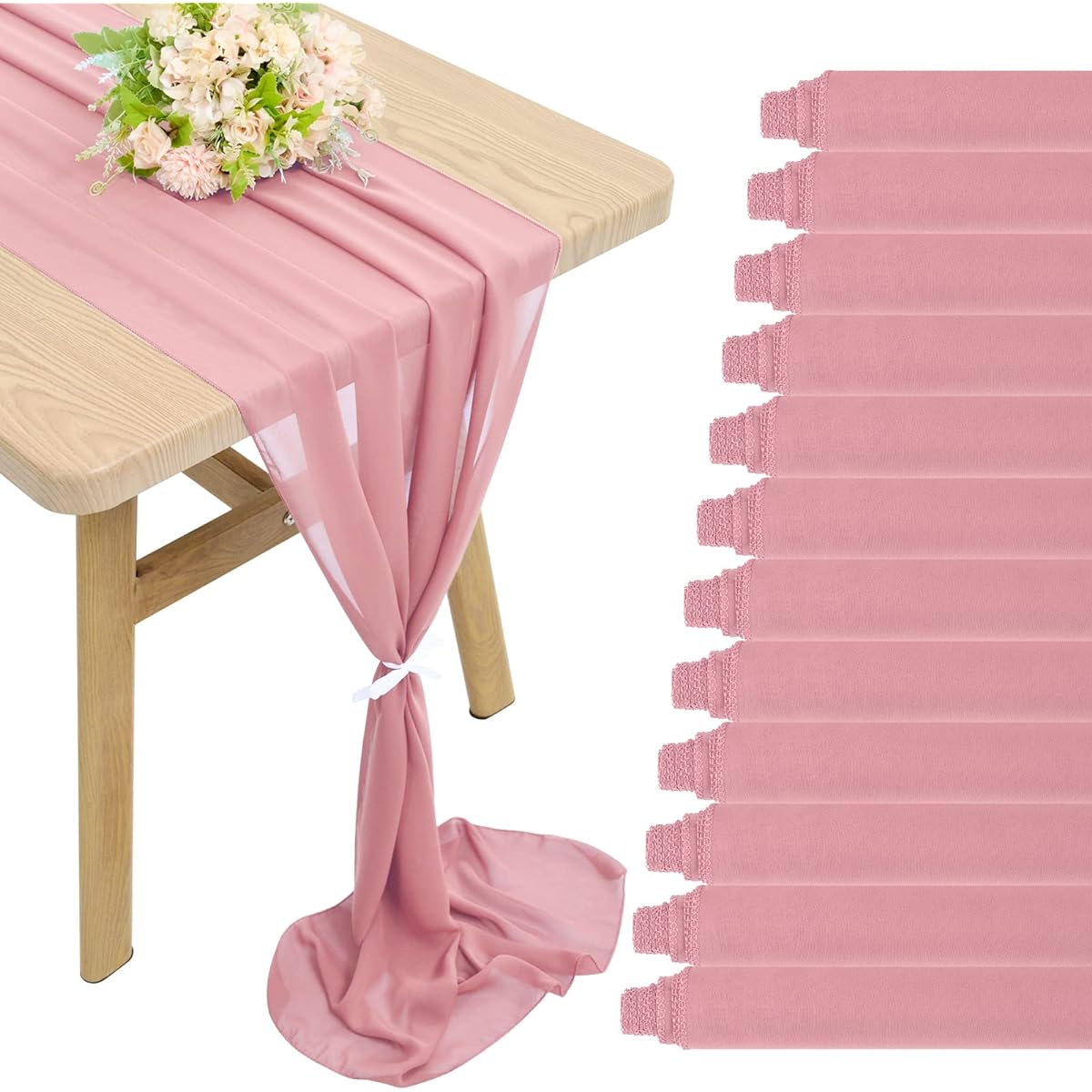 Dusty Rose Chiffon Table Runners, Set of 12, 10 Feet, 28x120 Inch, Sheer Wedding Table Runners, Romantic Table Decorations for Weddings, Banquets, Baby Shower, Birthday Parties, Holiday Decorations
