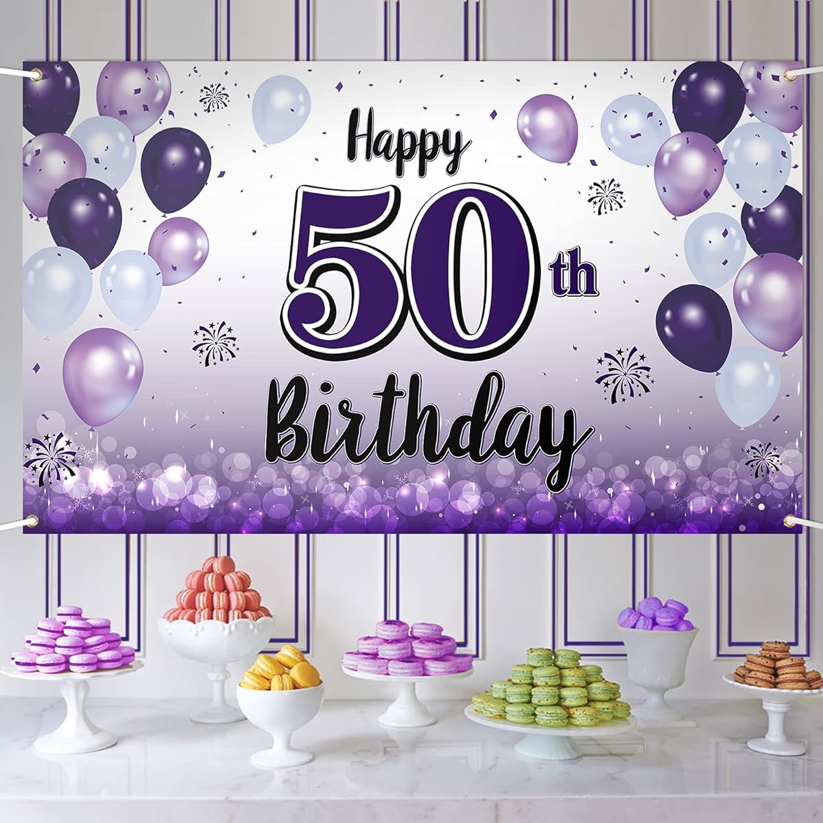 LASKYER Happy 50th Birthday Purple Large Banner - 50th Birthday Cheer Home Wall Photo Prop Backdrop 50th Birthday Party Decorations