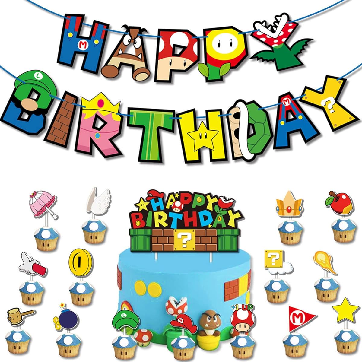Video Game Birthday Banner Card Holder Happy Birthday Banner Card Holder Kawaii Cartoon Party Decorations for Boys Girls Kids Teens Adults Birthday Party Supplies Video Game Theme Cake