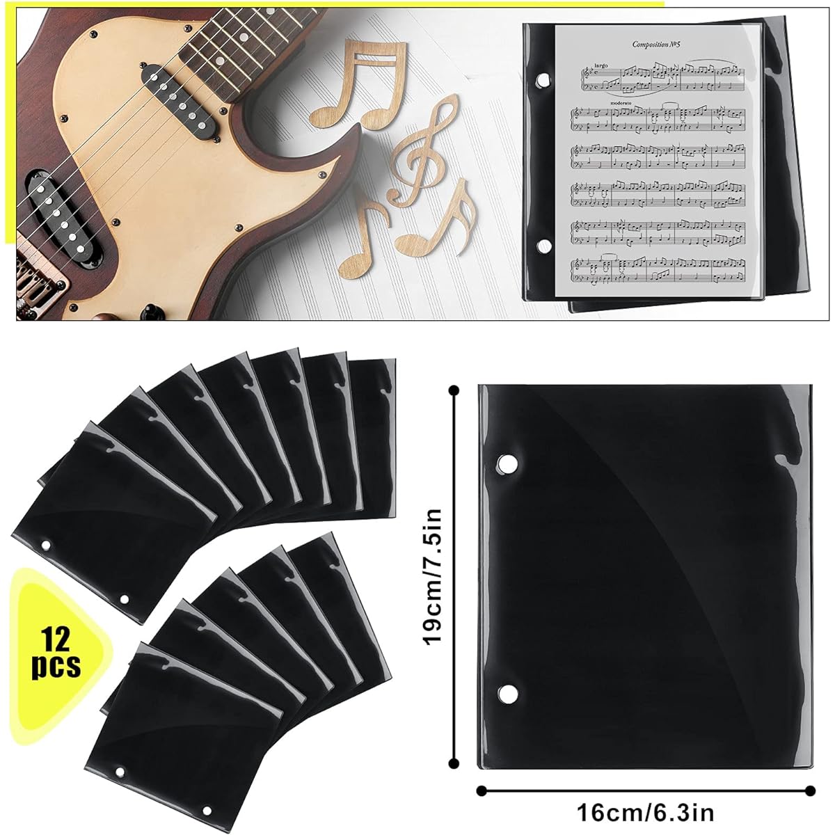 Flip Folio Marching Band Music File Holder Sheet Musical Flip Folder 2 Hole 7.5 x 6.3 Inch PVC Flip Folder Pages Waterproof Window Pages Holds Sheet Music Files (Black)