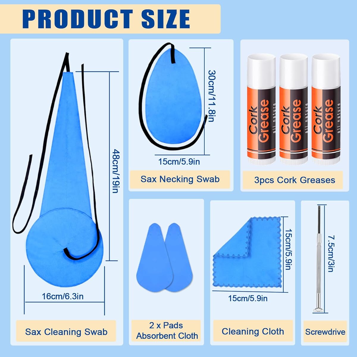Clarinet Saxophone Cleaning Kit with Case, Flute Cleanser, Maintenance Kit, Cork Grease, Cotton Swabs, Cleaning Cloth Included, Thumb Rest, Reed Case, Mouthpiece Brush, etc. for Wind and Woodwind Strums