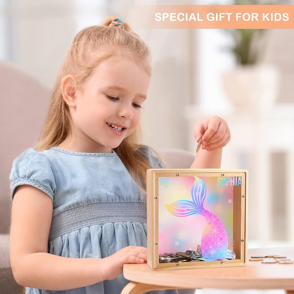 Piggy Bank for Girls Kids Wooden Piggy Bank Mermaid Piggy Bank Cute Piggy Bank with DIY Alphabet Stickers Pink Yellow