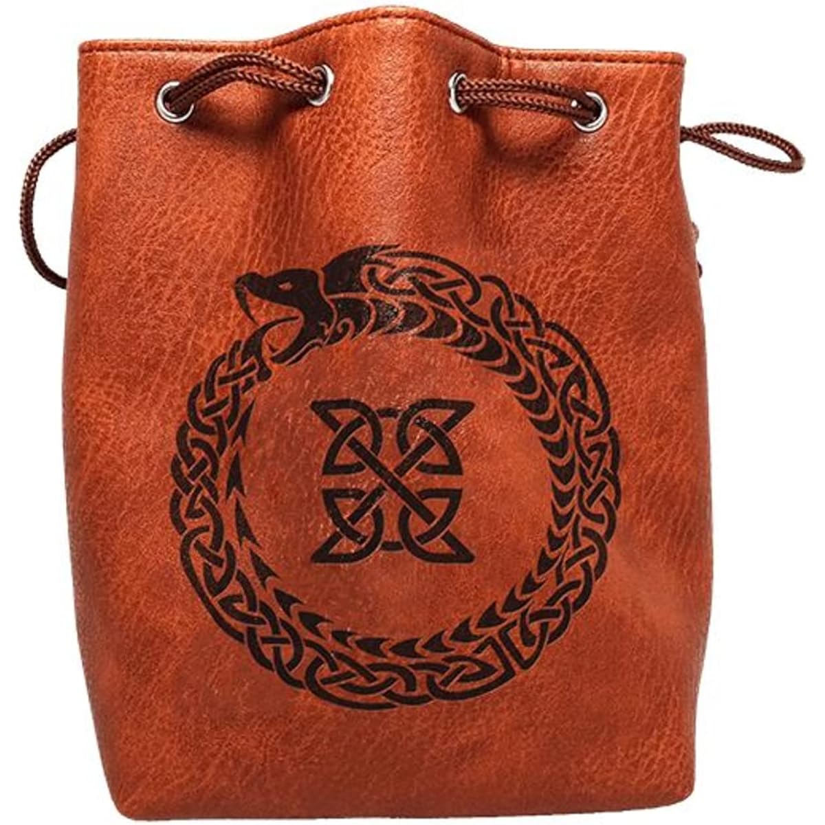 Brown Leather Lite Large Dice Bag Ouroboros Design - Brown Faux Leather Exterior Lined Interior - Stands up on its Own Holds 400 16mm Polyhedral Dice