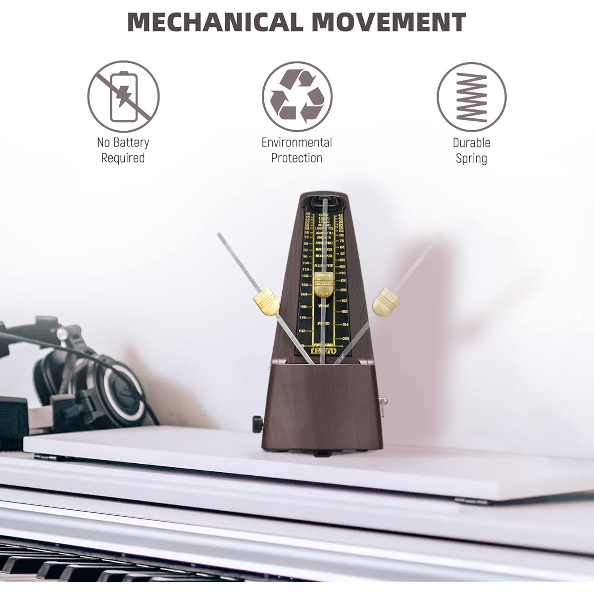 LEKATO Mechanical Metronome - Accurate Track Beat & Tempo for Piano/Guitar/Ukulele/Violin, Loud Volume, Wood Grain Finish, For Musicians